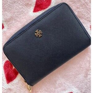 Tory Burch Emerson Zip Around Coin Case in navy blue saffiano leather